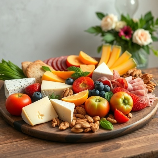 A colorful charcuterie board with various cheeses, fruits, nuts, and meats.