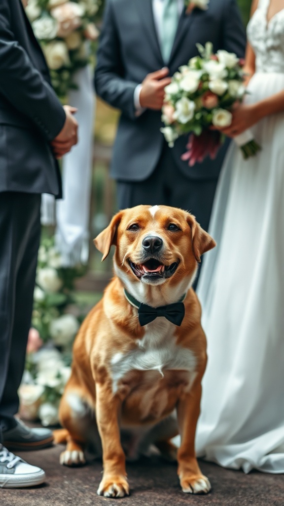 A smiling dog in a bow tie sitting near a bride and groom during their wedding ceremony
