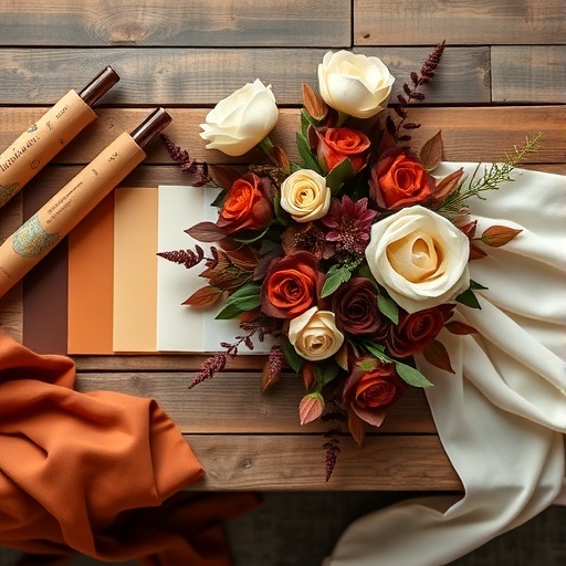 A wedding color palette featuring chocolate, cinnamon, and white with fabric, floral arrangements, and swatches.