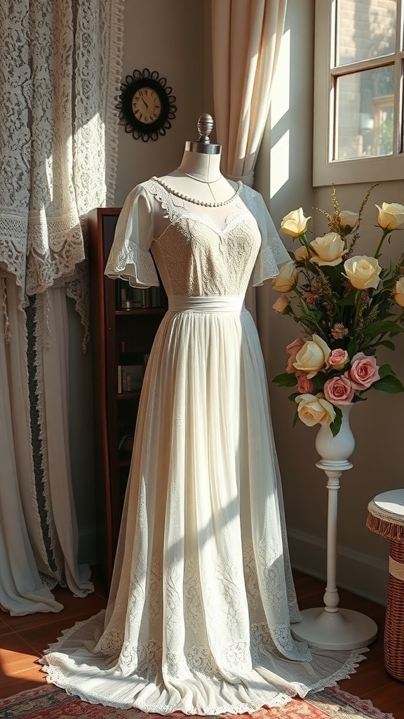 A beautiful vintage wedding dress displayed on a mannequin with lace details.