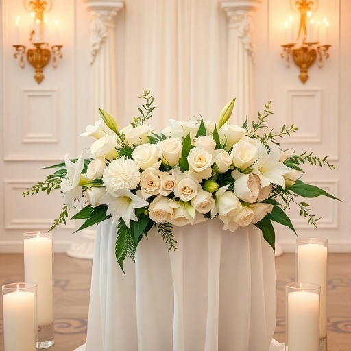 Arrangement of classic white wedding flowers on a sweetheart table with candles.