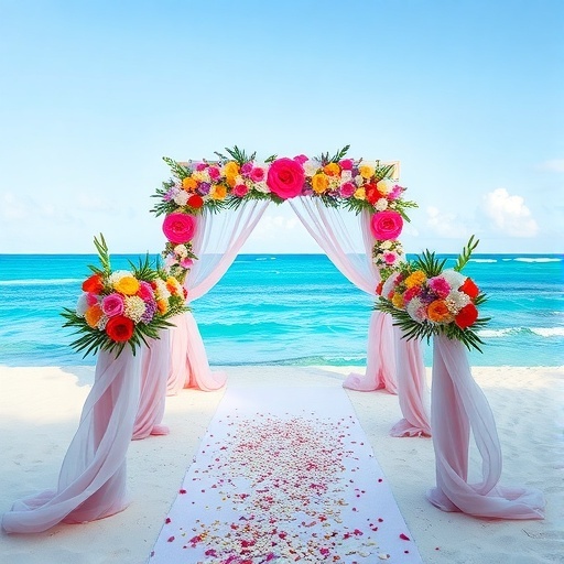 Colorful beach wedding aisle with floral decorations and ocean view.