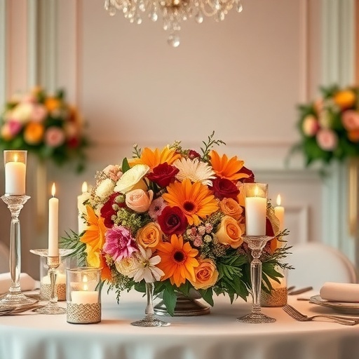 A colorful wedding centerpiece with a variety of flowers and candles.