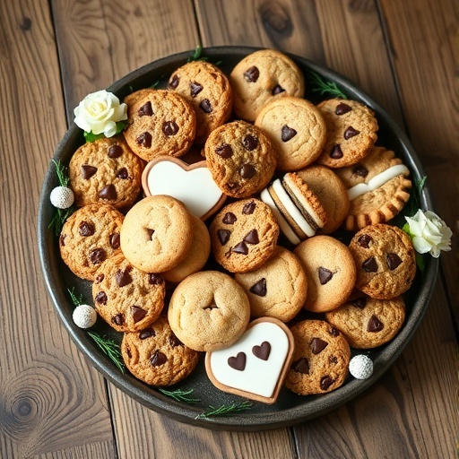 A platter filled with various cookies including chocolate chip, heart-shaped, and decorated ones.