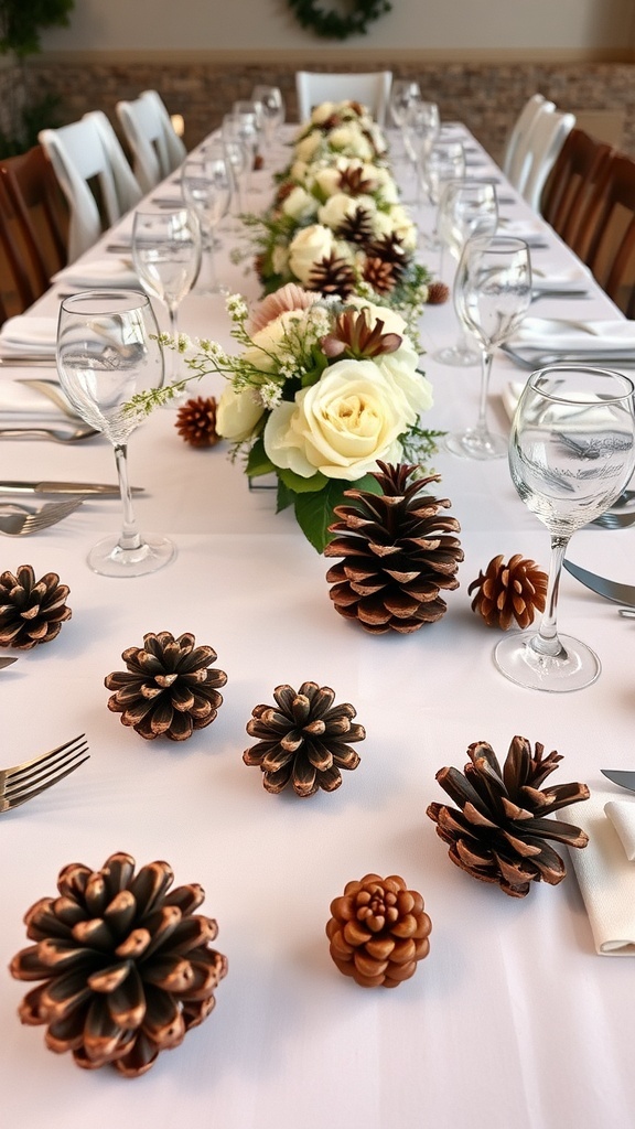 Table set with decorative spray-painted pinecones and white flowers.
