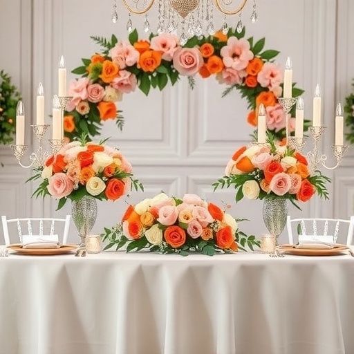 A wedding setting featuring coral, rose, and white floral arrangements with candles.