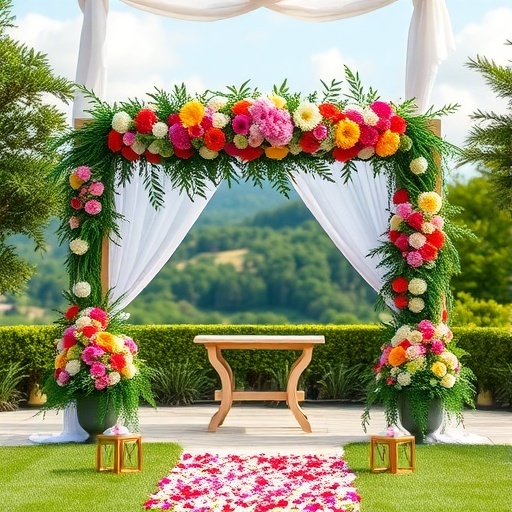A floral altar with colorful flowers, a wooden table, and a serene backdrop.