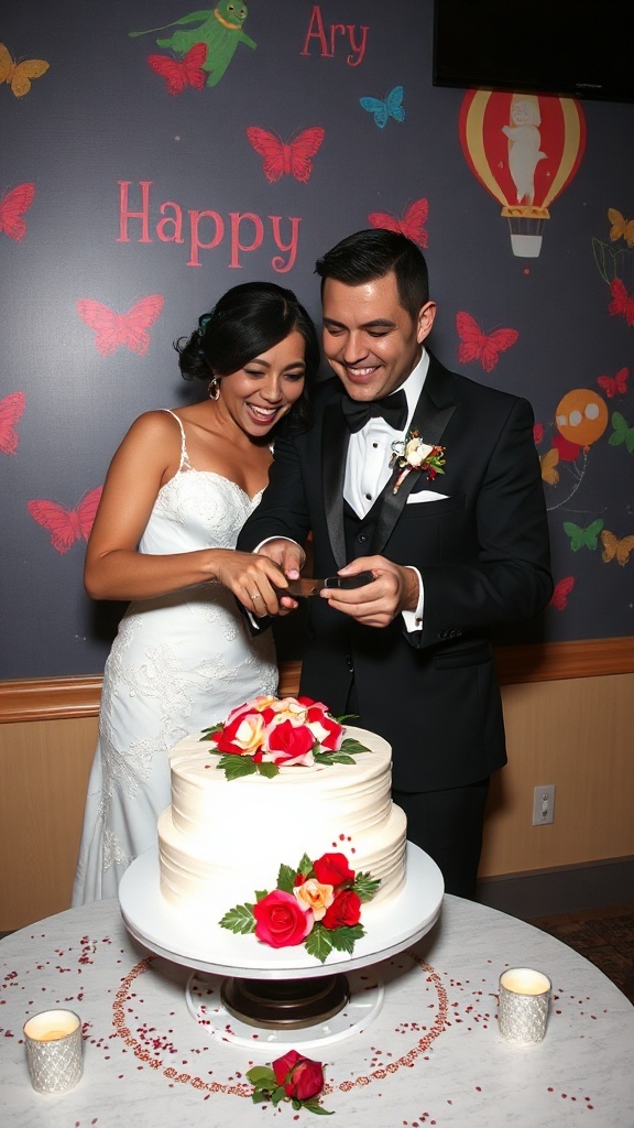 A smiling couple in formal attire prepares to cut their beautifully decorated wedding cake, with red and yellow roses adorning the top and a festive background.