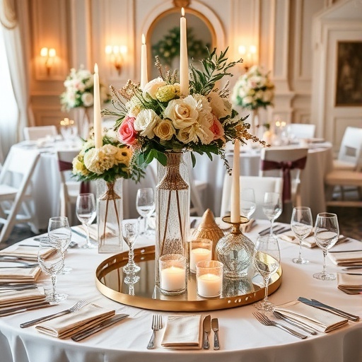Elegant wedding table featuring mirror and tray centerpieces with flowers and candles.