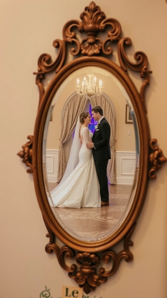 A couple reflected in an ornate mirror during their wedding ceremony.