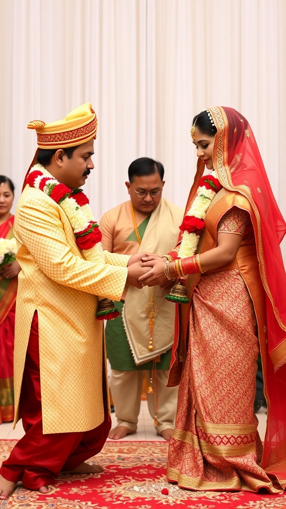 A bride and groom exchanging garlands during a traditional ceremony