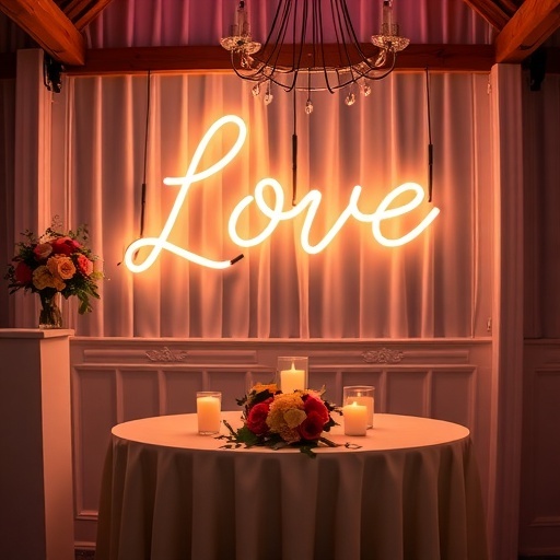 Custom neon sign with the word 'Love' glowing behind a table with candles and flowers.
