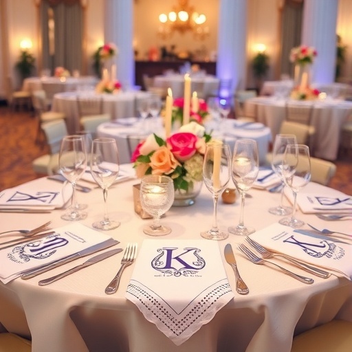 Elegant wedding reception table set up with custom cocktail napkins featuring initials and decorative touches.