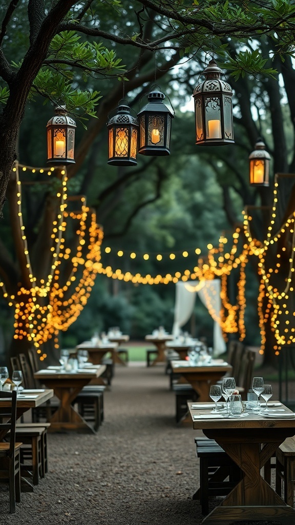 Vintage lanterns hanging amidst greenery, lighting up a wedding reception area with tables and chairs.
