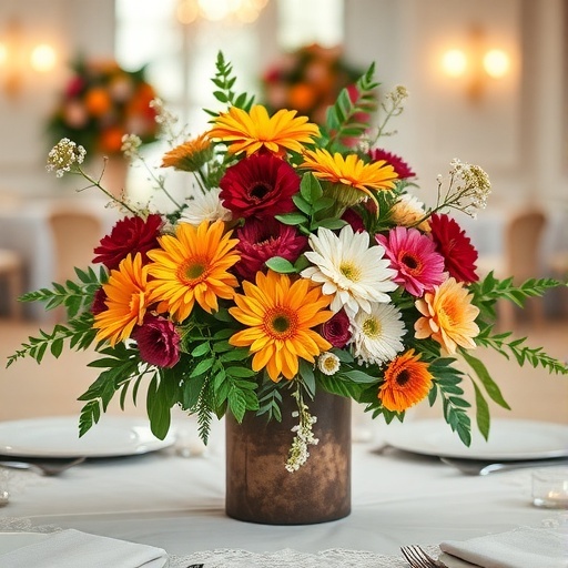 A colorful floral arrangement featuring sunflowers and gerbera daisies in a rustic vase.