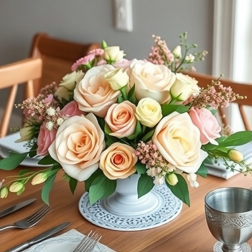 Beautiful floral arrangement with roses and greenery on a table setting.