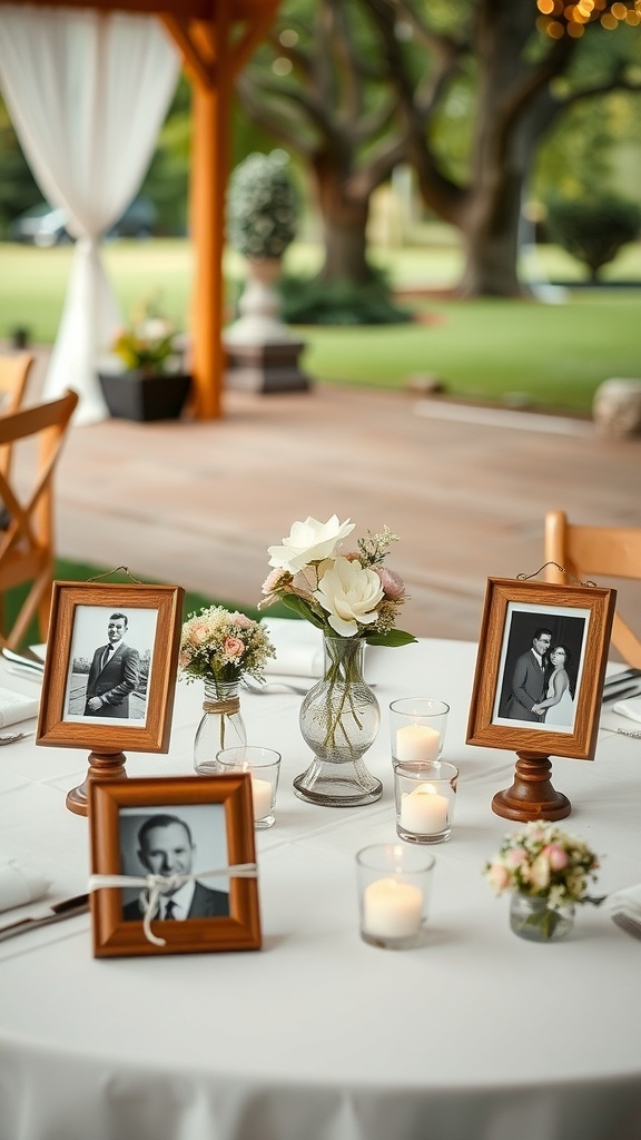 A wedding table centerpiece featuring photo frames with pictures of a couple and small floral arrangements.