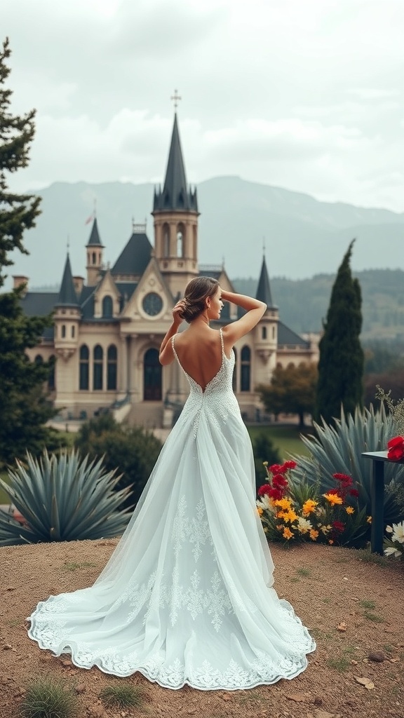 A bride in a beautiful gown looking back at a castle surrounded by flowers.