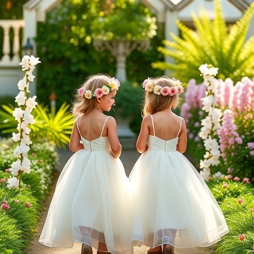 Two flower girls in white dresses with floral crowns standing in a garden.