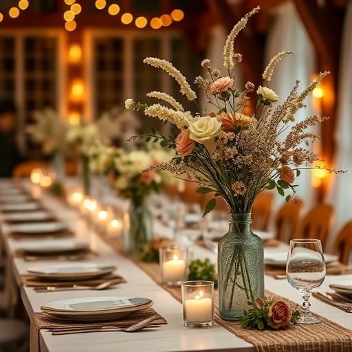 Beautiful table setting with dried flowers as centerpieces and candles.