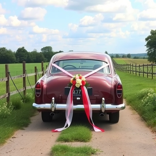 A vintage getaway car decorated with ribbons and flowers, parked on a scenic path.