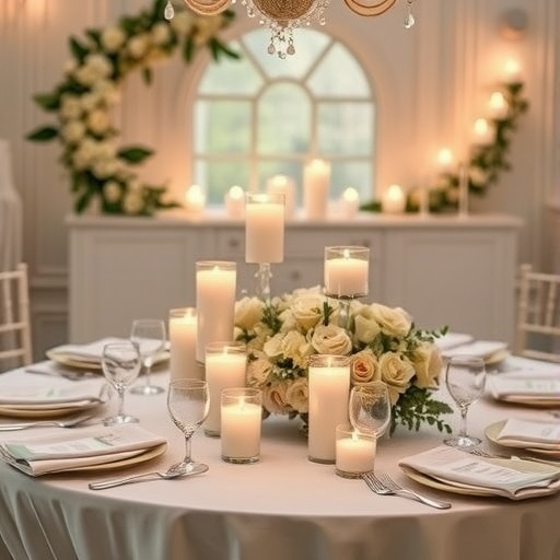Elegant wedding table setup with candles and flowers