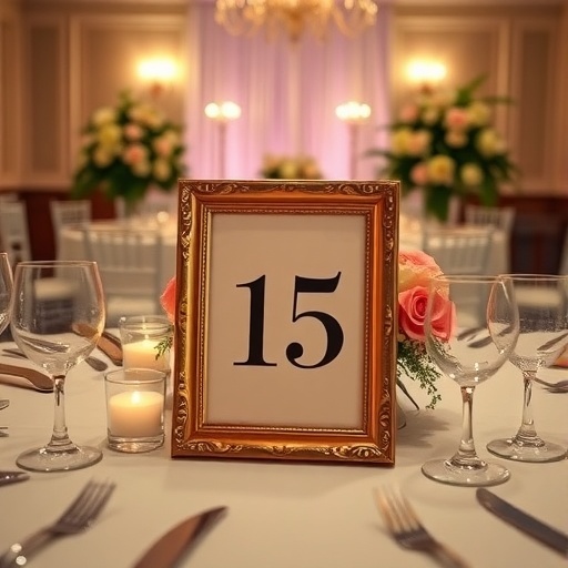 Elegant gold-framed table number 15 at a wedding reception.