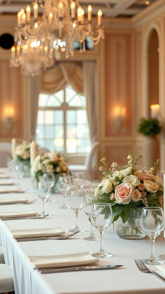 Elegant wedding table setting with flower arrangements, candles, and glassware.