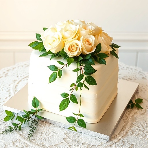 Elegant white rectangular wedding cake decorated with roses and greenery.