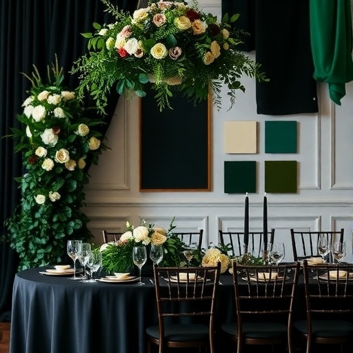 Wedding decor featuring emerald and black colors with floral arrangements and elegant table settings.