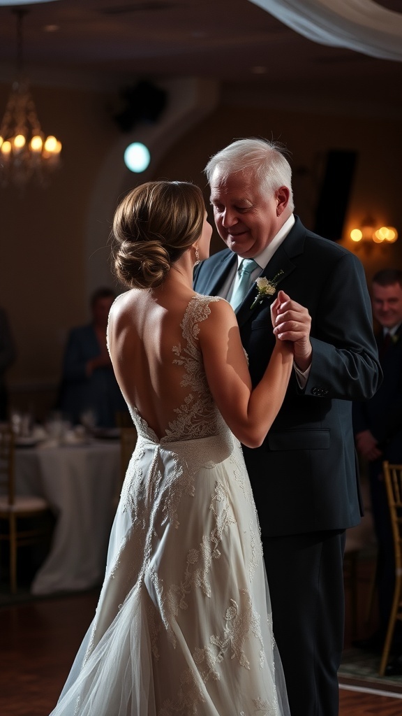 A bride dancing with her father during a wedding reception, capturing an emotional moment.