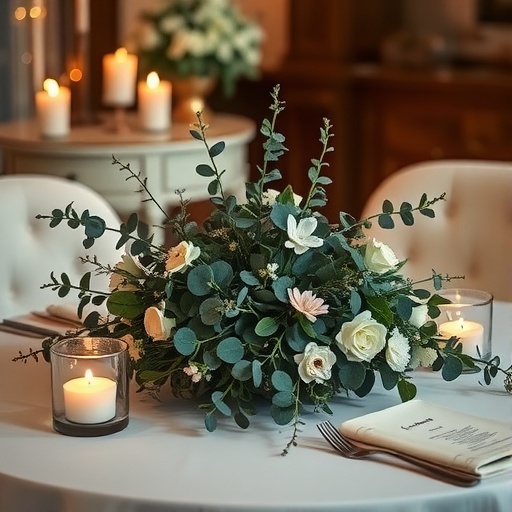 A beautifully arranged sweetheart table with eucalyptus bundles and soft floral accents.