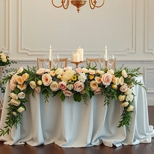 A beautifully arranged extra-long flower garland featuring roses and greenery, adorning a sweetheart table.