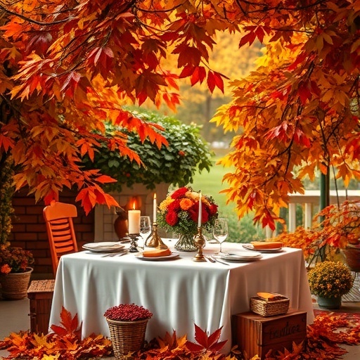 A beautifully decorated sweetheart table surrounded by fall foliage with bright orange and red leaves.