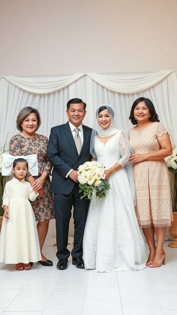 A bride standing with her family, including her parents, a sibling, and a young girl, all smiling together in formal attire.