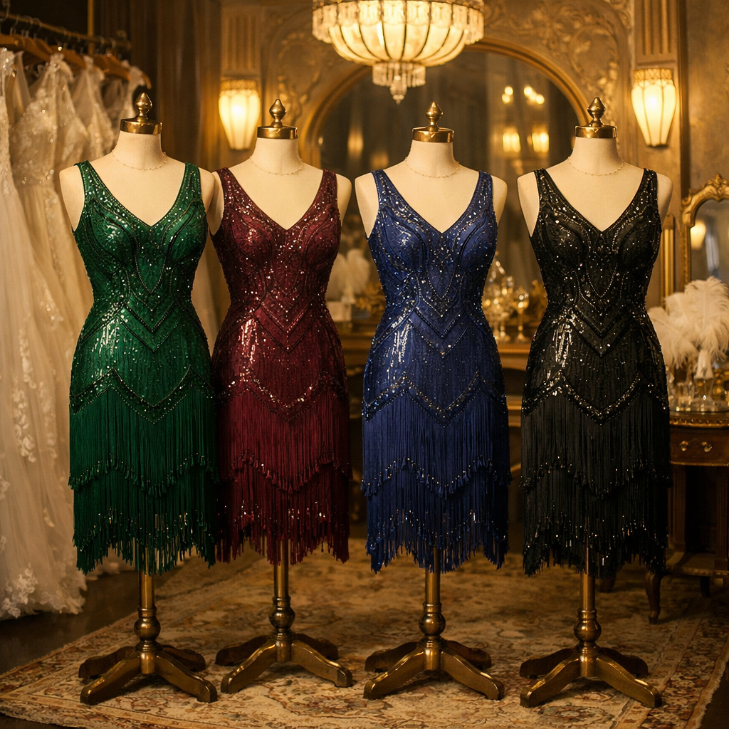 Four flapper-style dresses on mannequins showcasing various colors on a decorative background.