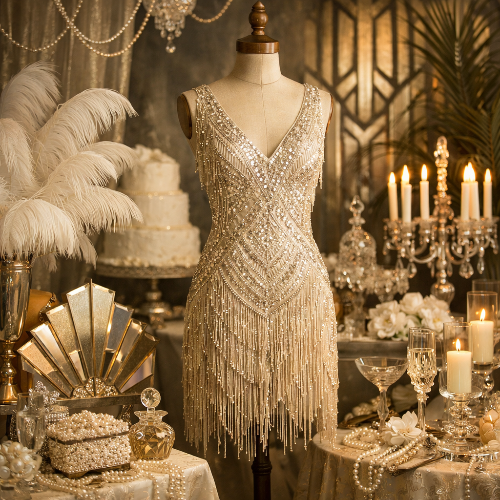 Elegant 1920s flapper dress adorned with beads and fringes, surrounded by wedding decorations like feathers, pearls, and candles.