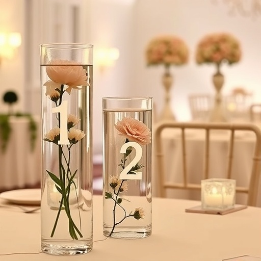 Floating table numbers displayed in glass vases with flowers.