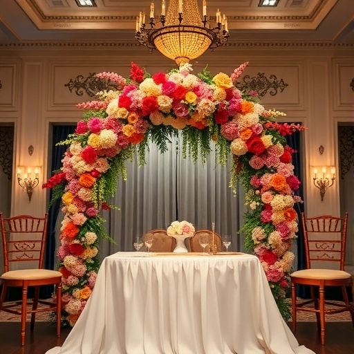 A beautifully decorated sweetheart table surrounded by vibrant, colorful flowers.