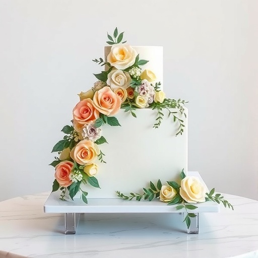 Rectangle wedding cake adorned with a floral cascade of sugar flowers in soft colors