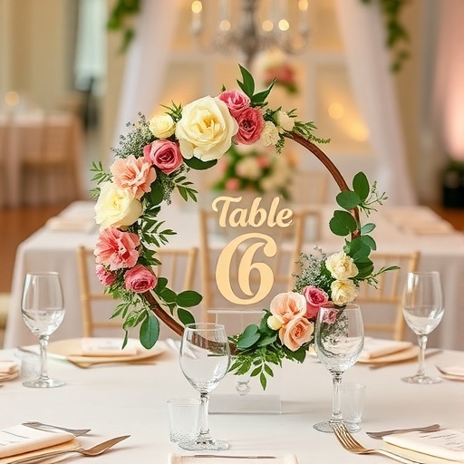 A table setting featuring a floral hoop with the number 6 elegantly displayed.