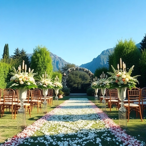 A picturesque outdoor wedding setup featuring a flower petal-lined aisle with elegant arrangements.