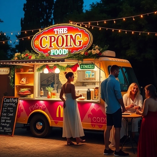 A vibrant food truck serving food at a wedding with guests enjoying the atmosphere.