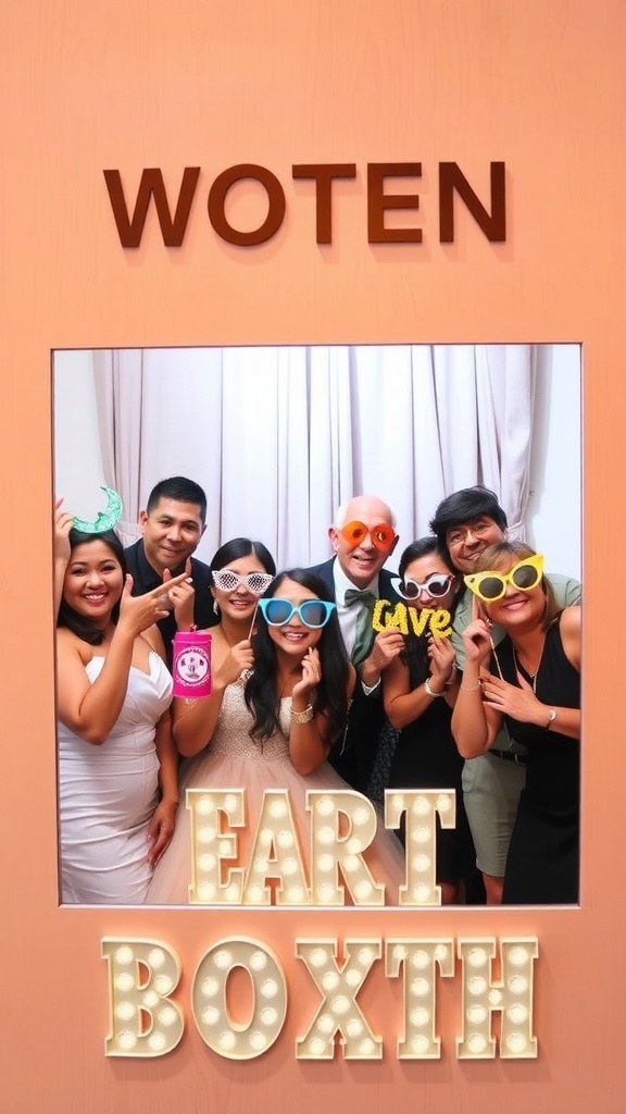Guests having fun with props in a photo booth at a wedding.