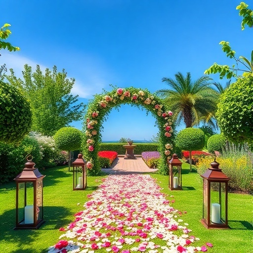 Beautiful garden wedding aisle decorated with flowers and lanterns