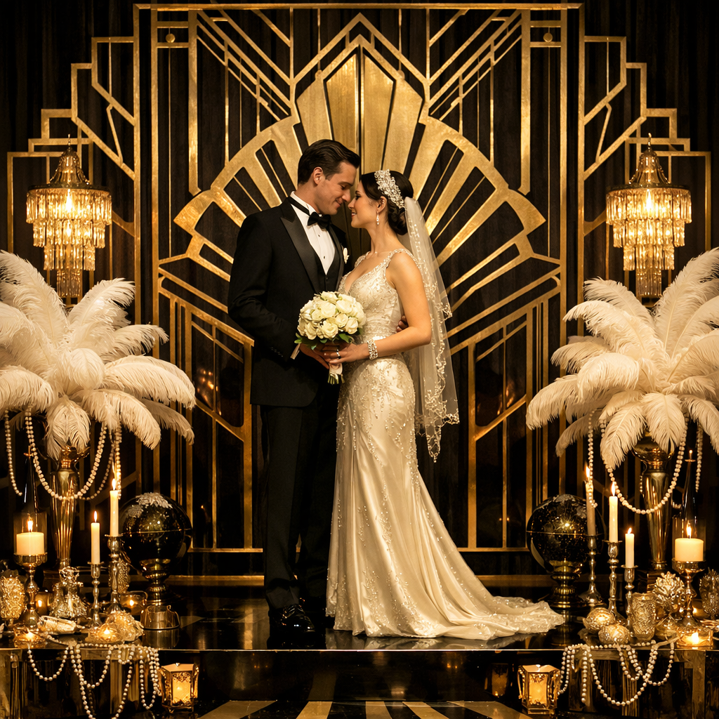 A couple posing in front of a geometric Art Deco backdrop, showcasing a glamorous wedding theme.