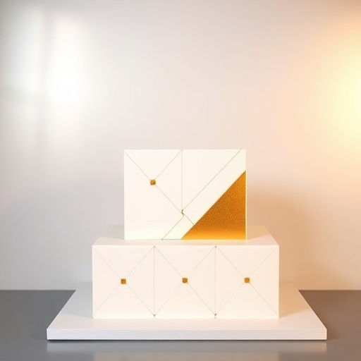 A modern rectangular wedding cake with geometric patterns and edible gold accents.