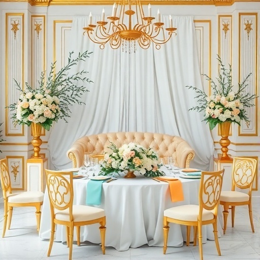 An elegant wedding setup featuring gold, turquoise, and white decor.