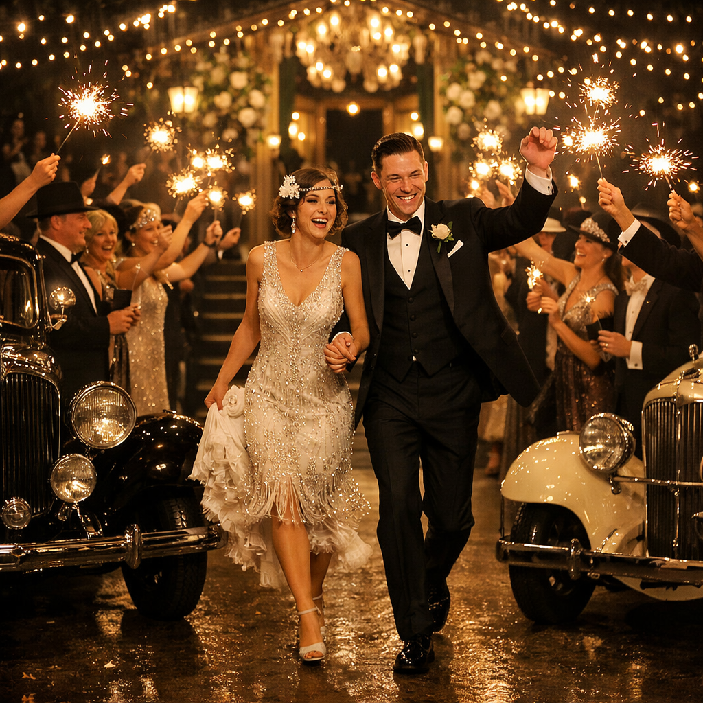 A couple joyfully exiting their wedding celebration, surrounded by guests with sparklers, and vintage cars in the background.