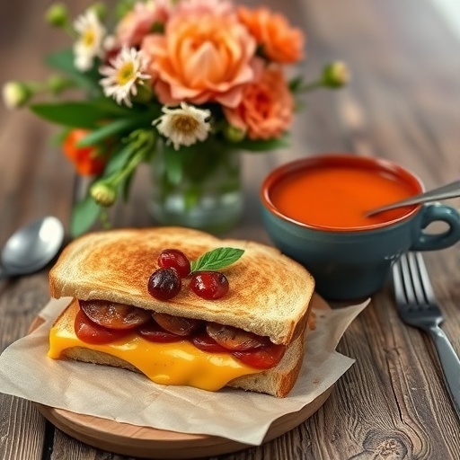 Grilled cheese sandwich with tomato soup and flowers on the table